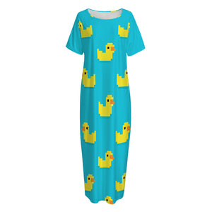 8-Bit Rubber Duck Pattern Print Short Sleeve Long Nightdress