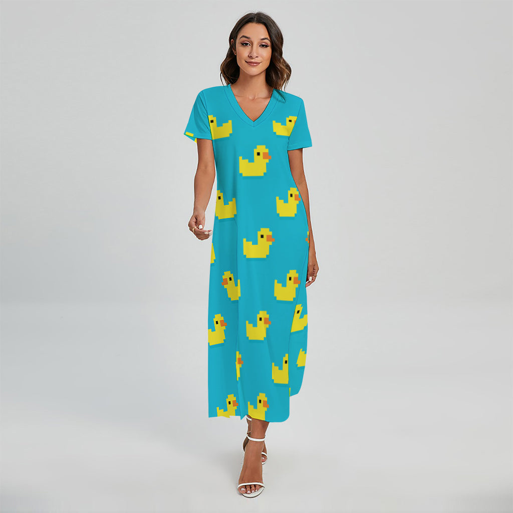 8-Bit Rubber Duck Pattern Print Short Sleeve Maxi Dress