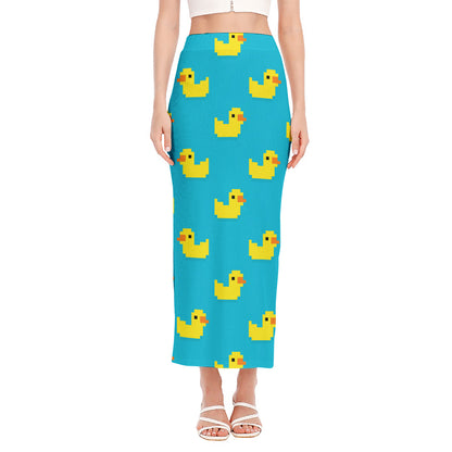 8-Bit Rubber Duck Pattern Print Side Slit Maxi Skirt