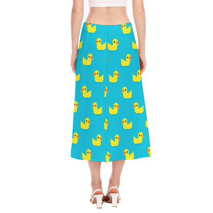 8-Bit Rubber Duck Pattern Print Side Slit Midi Skirt