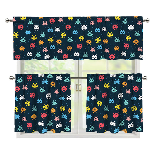 8-Bit Video Game Monsters Pattern Print 3 Piece Kitchen Curtains
