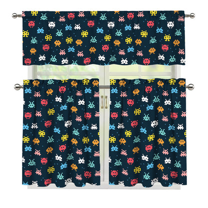 8-Bit Video Game Monsters Pattern Print 3 Piece Kitchen Curtains
