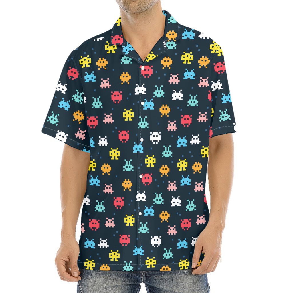 8-Bit Video Game Monsters Pattern Print Aloha Shirt
