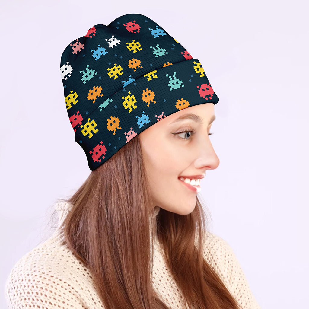 8-Bit Video Game Monsters Pattern Print Beanie