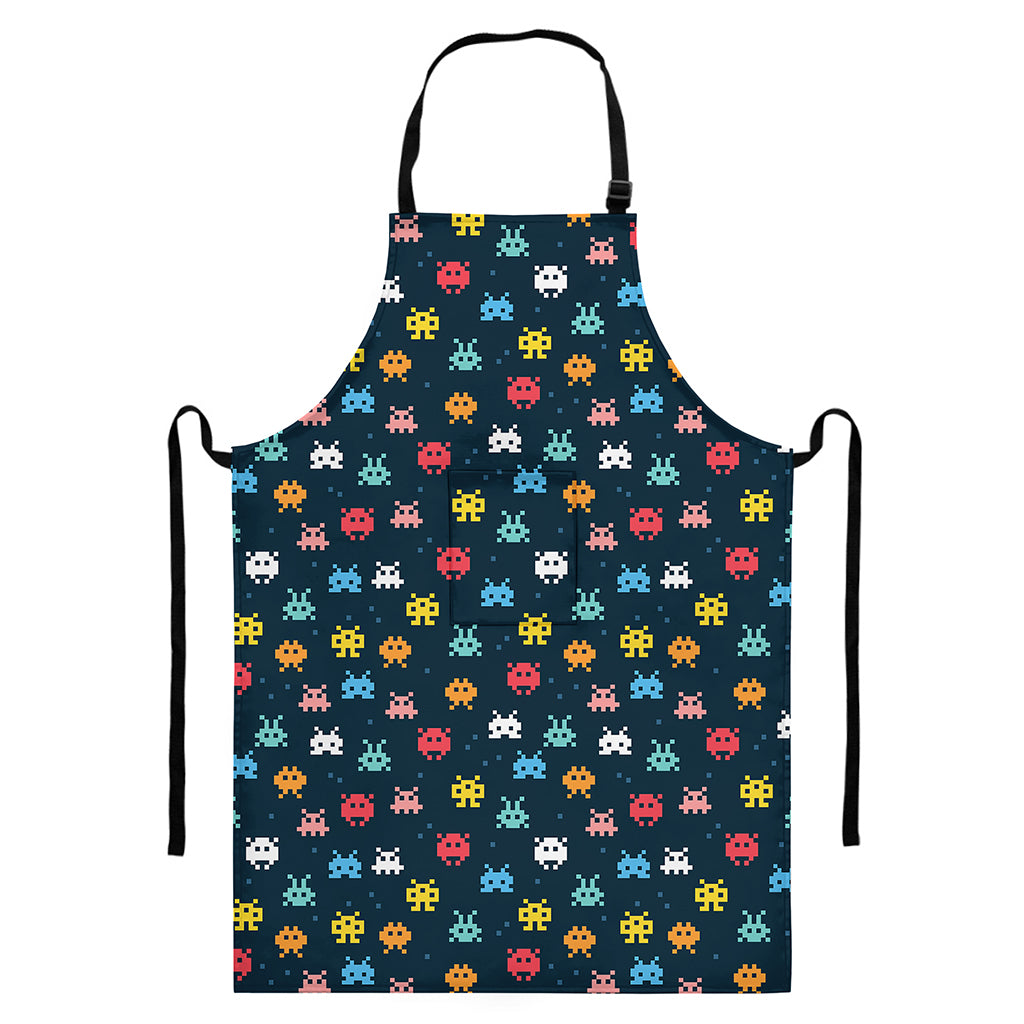 8-Bit Video Game Monsters Pattern Print Bib Apron With Pocket