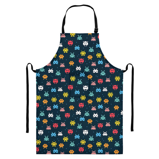 8-Bit Video Game Monsters Pattern Print Bib Apron With Pocket