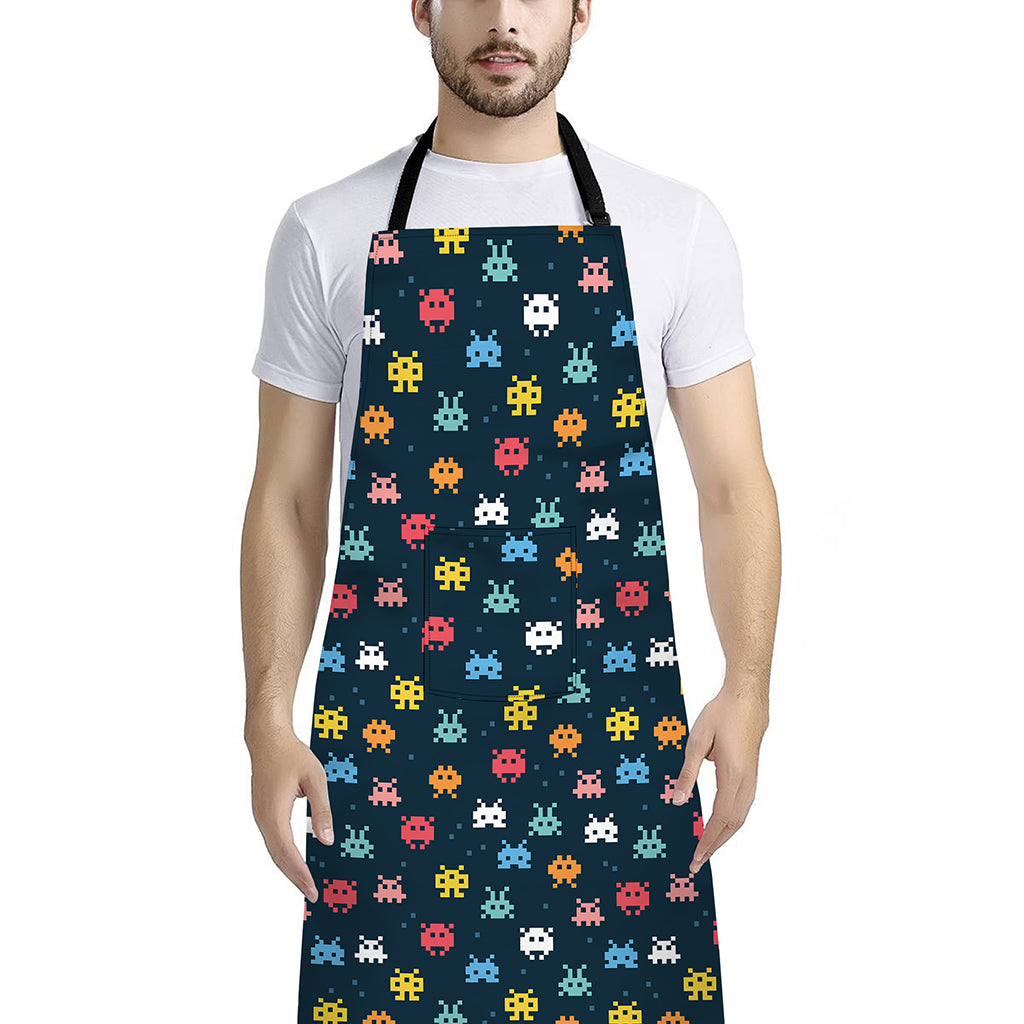 8-Bit Video Game Monsters Pattern Print Bib Apron With Pocket