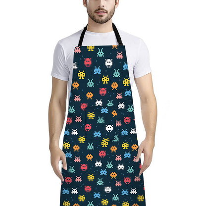 8-Bit Video Game Monsters Pattern Print Bib Apron With Pocket