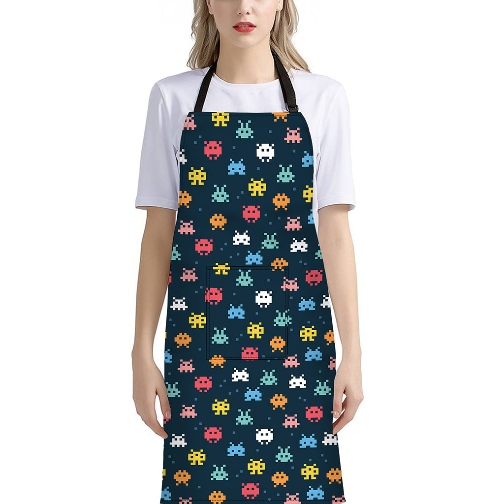 8-Bit Video Game Monsters Pattern Print Bib Apron With Pocket