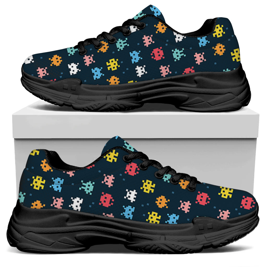 8-Bit Video Game Monsters Pattern Print Black Chunky Shoes