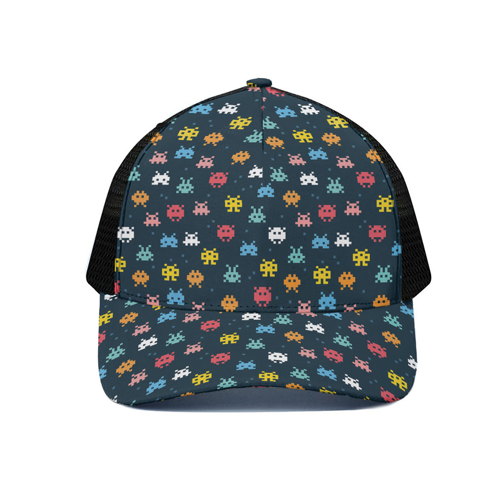 8-Bit Video Game Monsters Pattern Print Black Mesh Trucker Cap