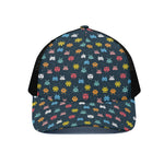 8-Bit Video Game Monsters Pattern Print Black Mesh Trucker Cap