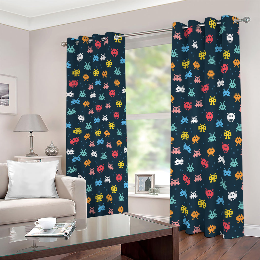 8-Bit Video Game Monsters Pattern Print Blackout Grommet Curtains