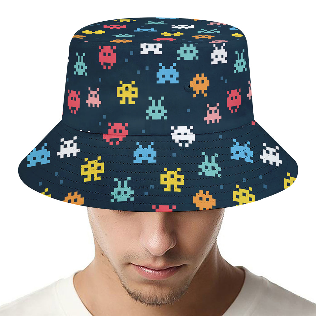 8-Bit Video Game Monsters Pattern Print Bucket Hat