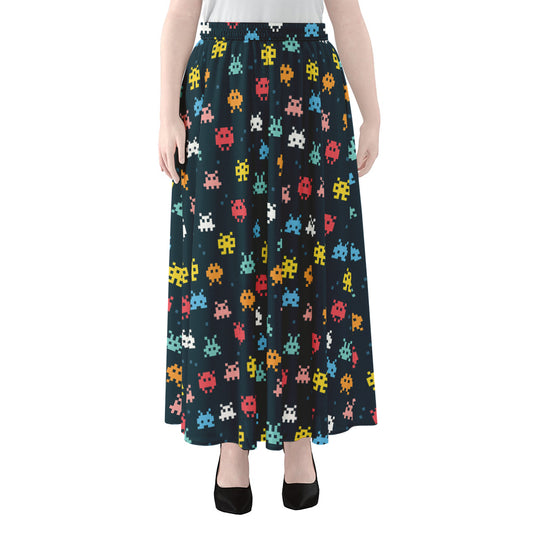 8-Bit Video Game Monsters Pattern Print Chiffon Maxi Skirt