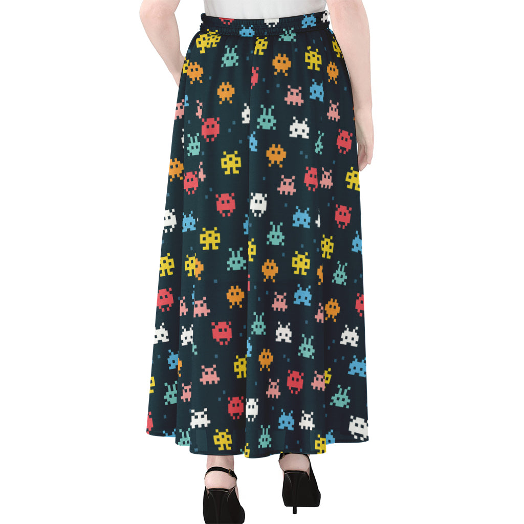 8-Bit Video Game Monsters Pattern Print Chiffon Maxi Skirt