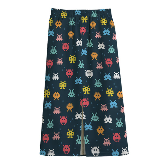8-Bit Video Game Monsters Pattern Print Cotton Front Slit Maxi Skirt