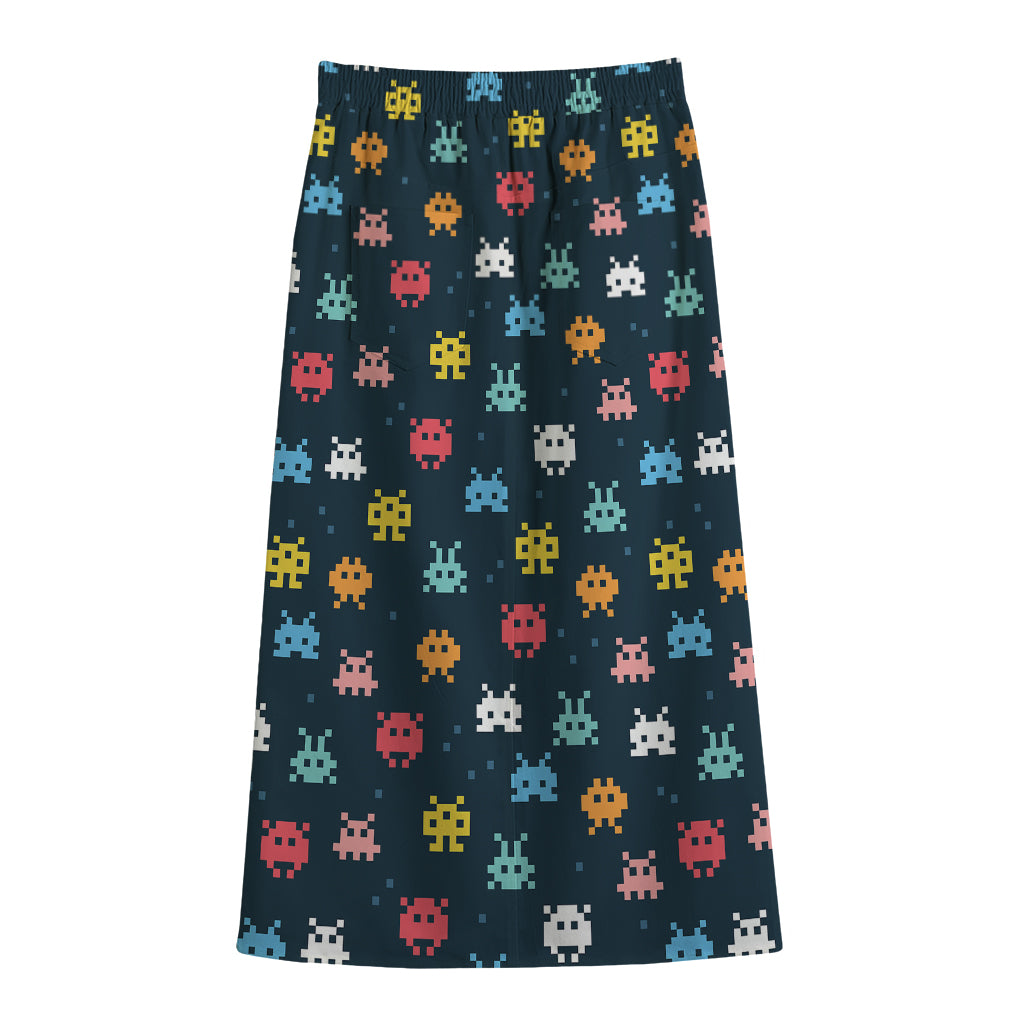8-Bit Video Game Monsters Pattern Print Cotton Front Slit Maxi Skirt
