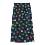 8-Bit Video Game Monsters Pattern Print Cotton Front Slit Maxi Skirt