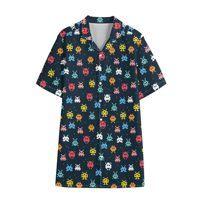 8-Bit Video Game Monsters Pattern Print Cotton Hawaiian Shirt