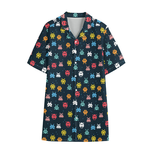8-Bit Video Game Monsters Pattern Print Cotton Hawaiian Shirt