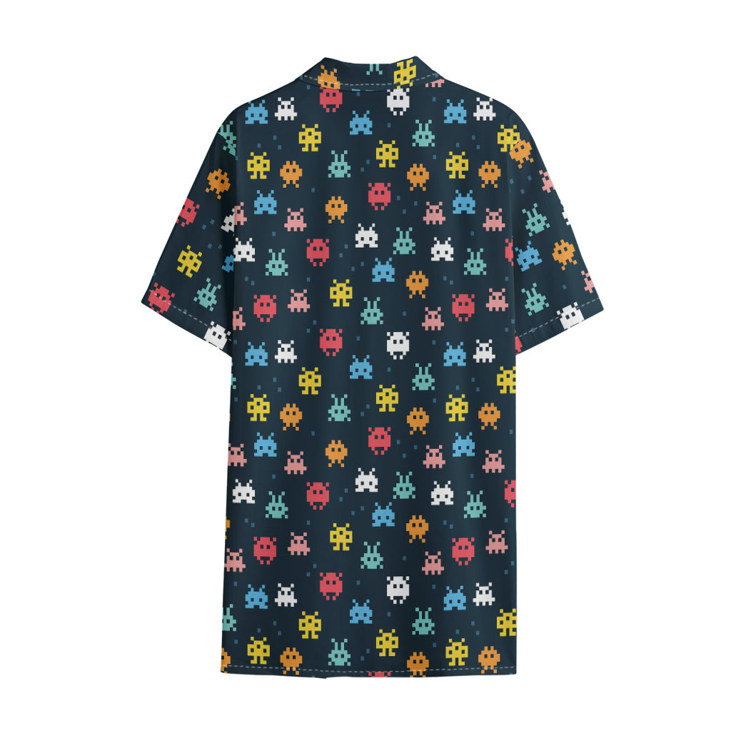 8-Bit Video Game Monsters Pattern Print Cotton Hawaiian Shirt