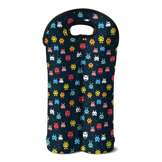 8-Bit Video Game Monsters Pattern Print Double Neoprene Wine Tote