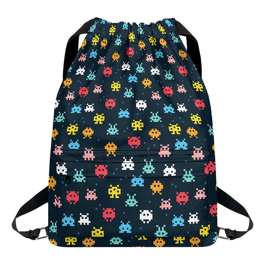 8-Bit Video Game Monsters Pattern Print Drawstring Backpack