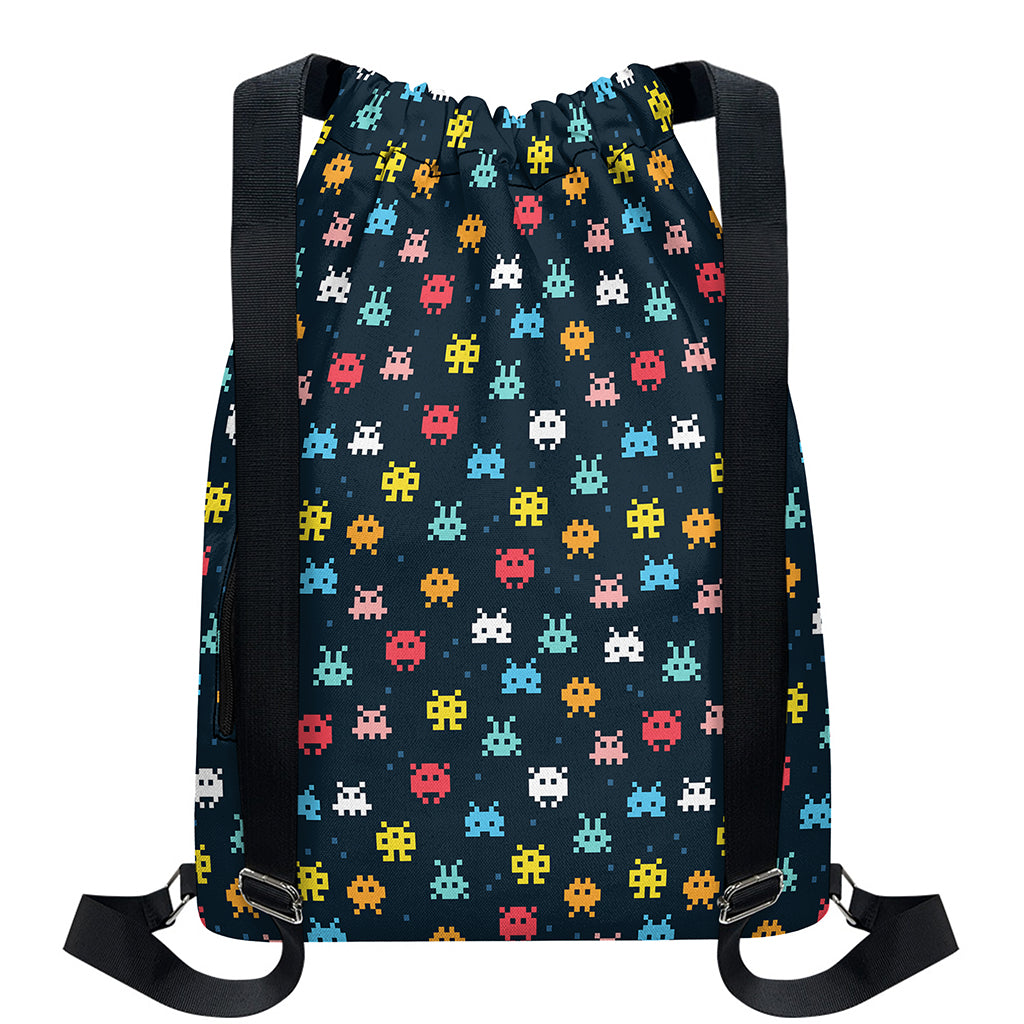 8-Bit Video Game Monsters Pattern Print Drawstring Backpack