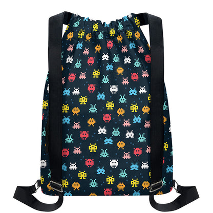 8-Bit Video Game Monsters Pattern Print Drawstring Backpack