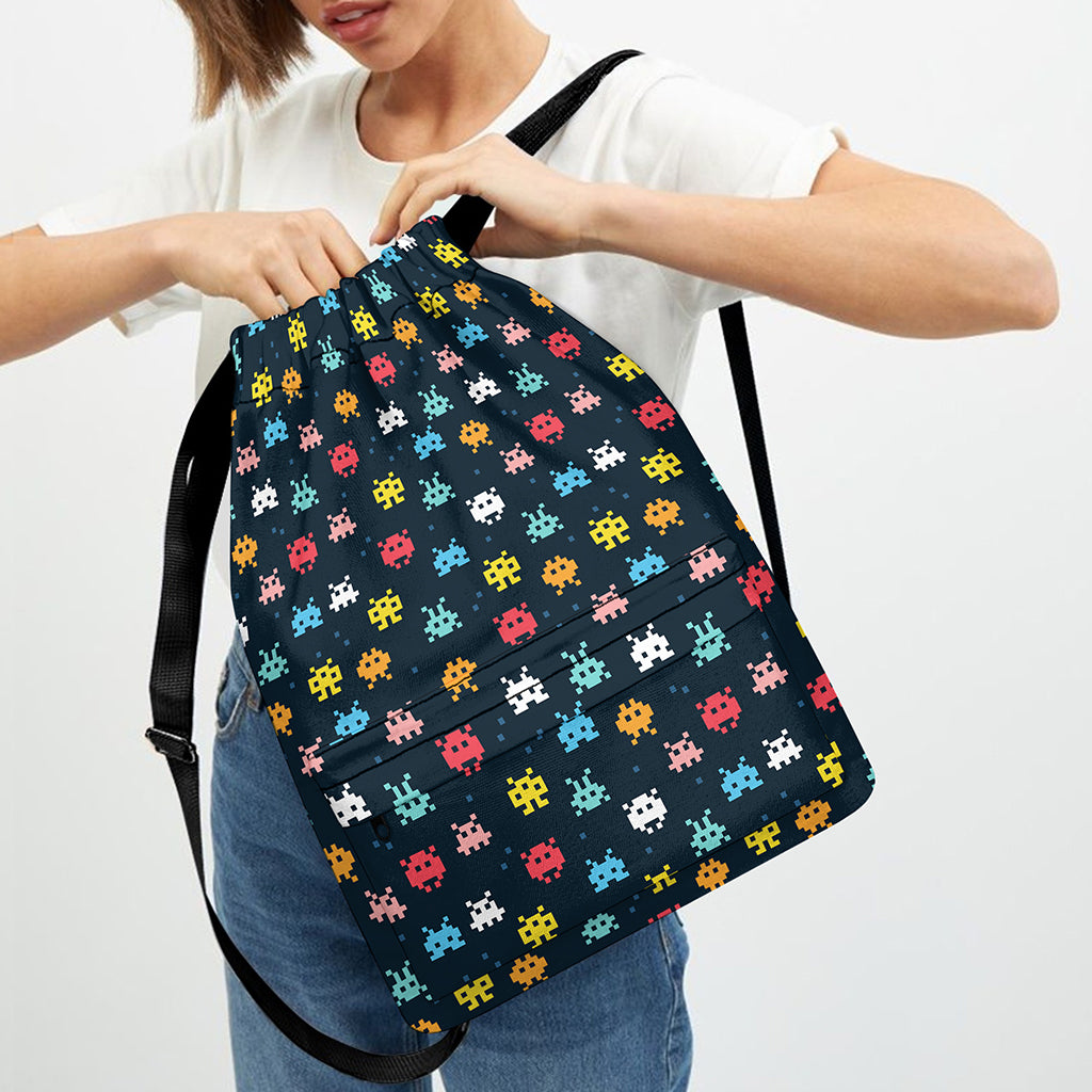 8-Bit Video Game Monsters Pattern Print Drawstring Backpack