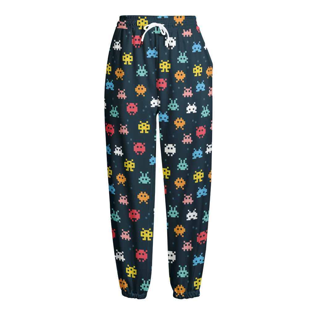 8-Bit Video Game Monsters Pattern Print Fleece Lined Knit Pants