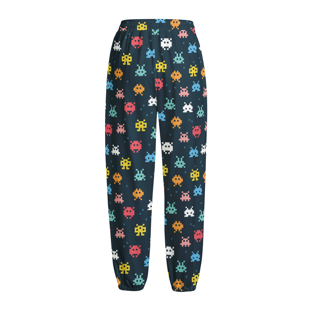 8-Bit Video Game Monsters Pattern Print Fleece Lined Knit Pants