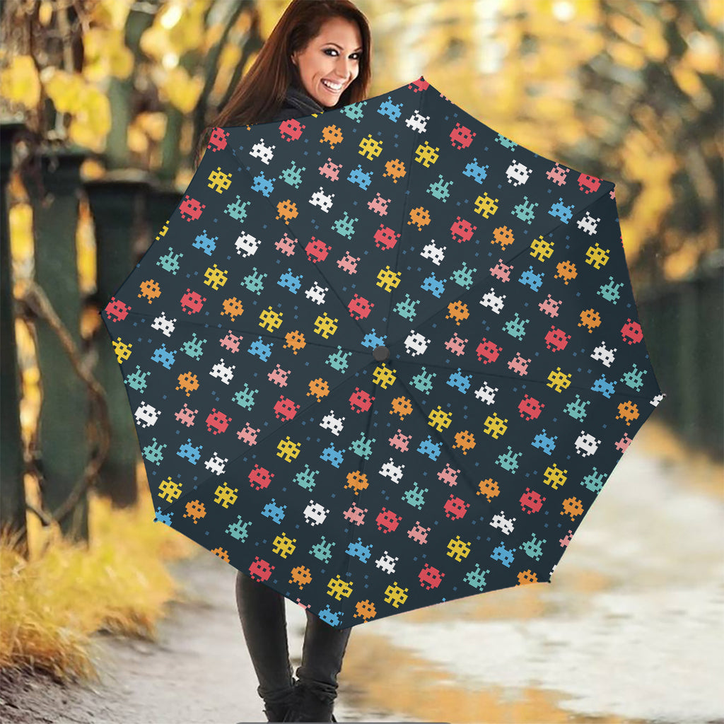 8-Bit Video Game Monsters Pattern Print Foldable Umbrella