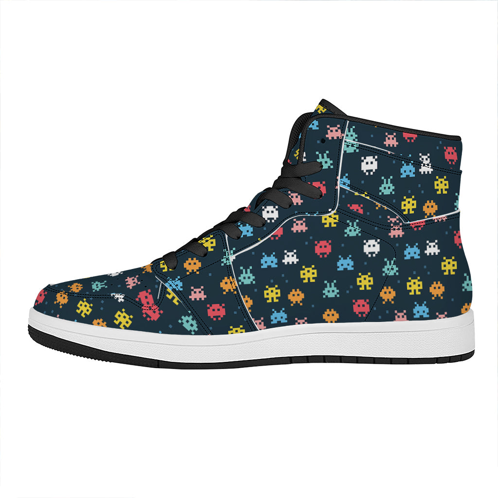 8-Bit Video Game Monsters Pattern Print High Top Leather Sneakers