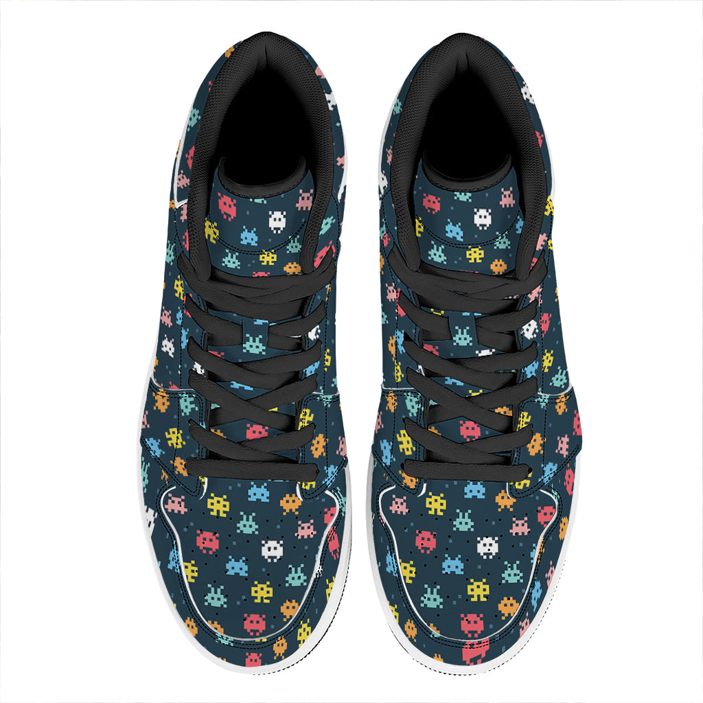 8-Bit Video Game Monsters Pattern Print High Top Leather Sneakers