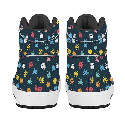 8-Bit Video Game Monsters Pattern Print High Top Leather Sneakers