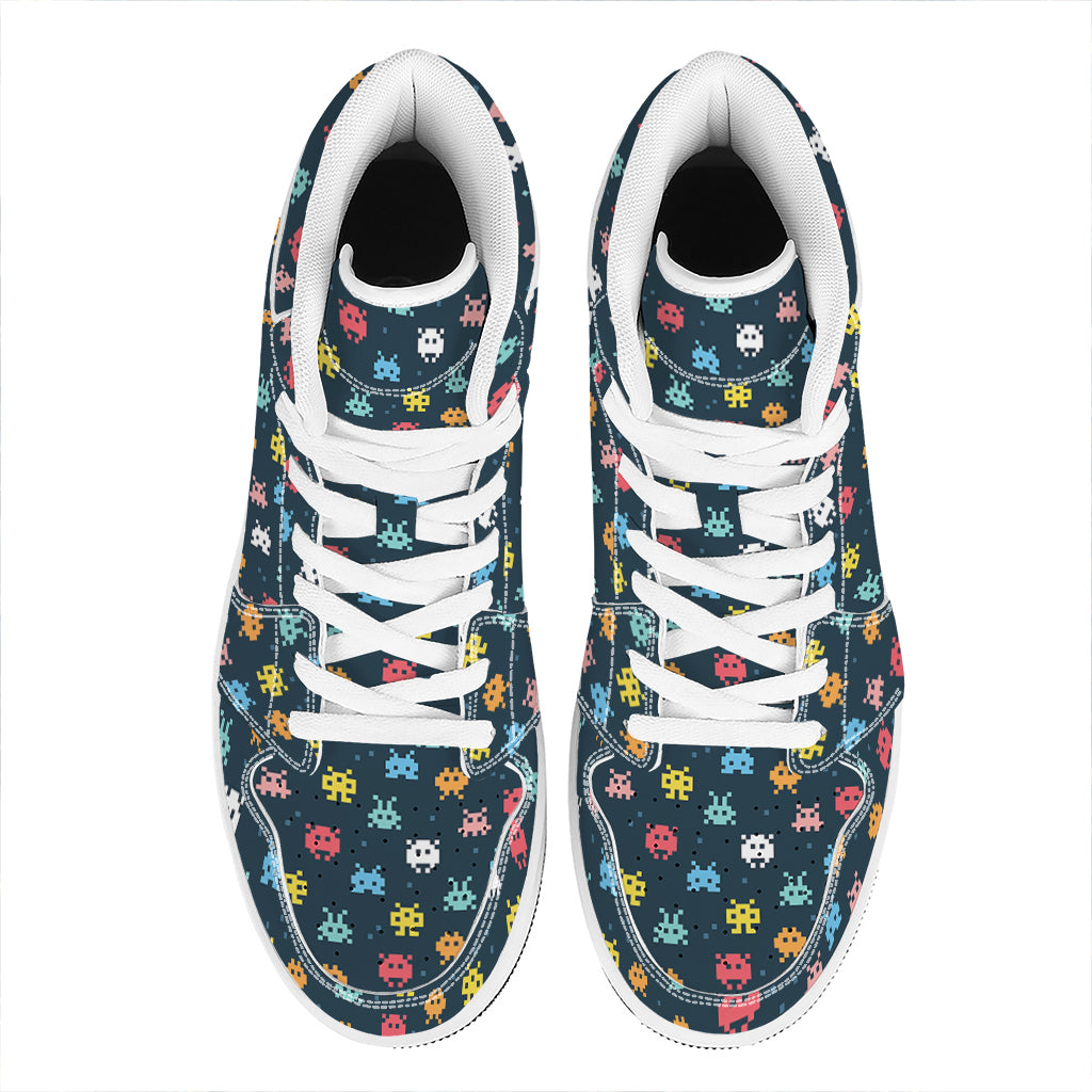 8-Bit Video Game Monsters Pattern Print High Top Leather Sneakers