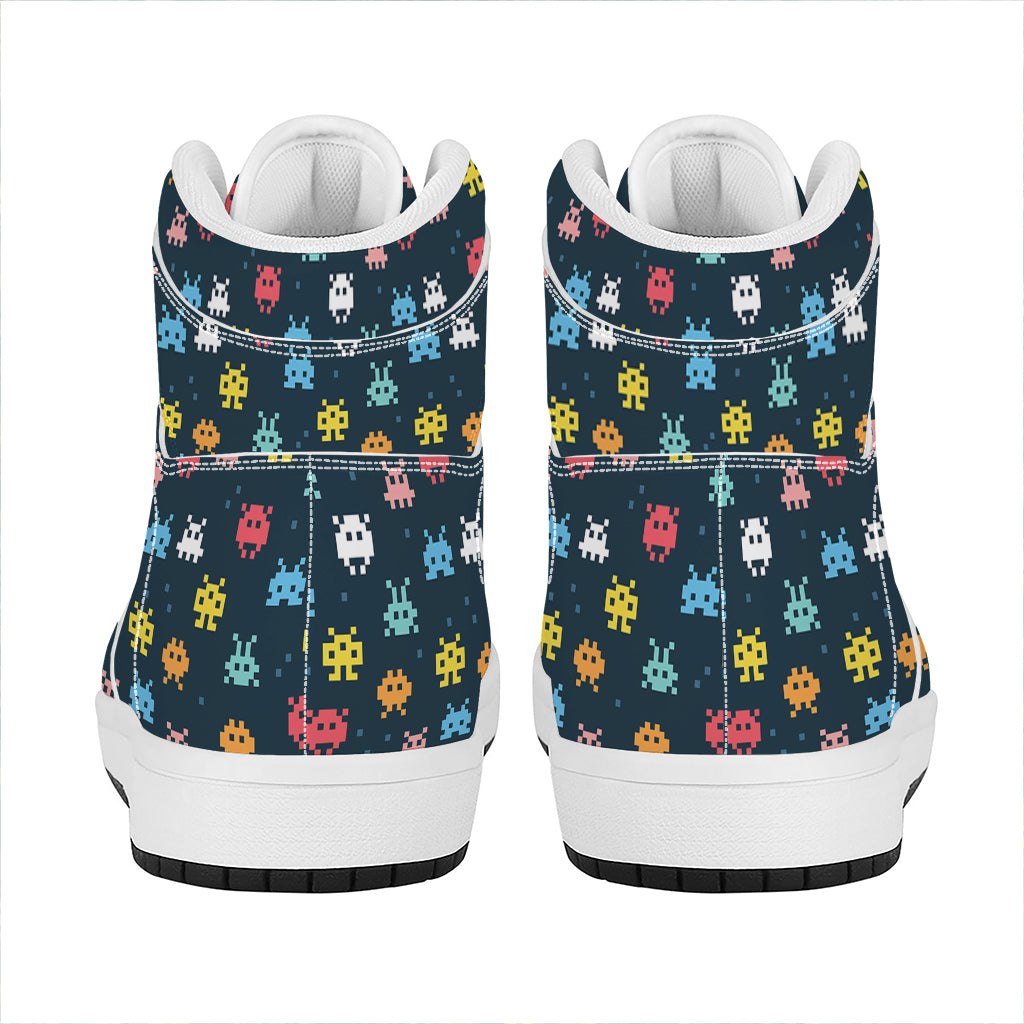 8-Bit Video Game Monsters Pattern Print High Top Leather Sneakers