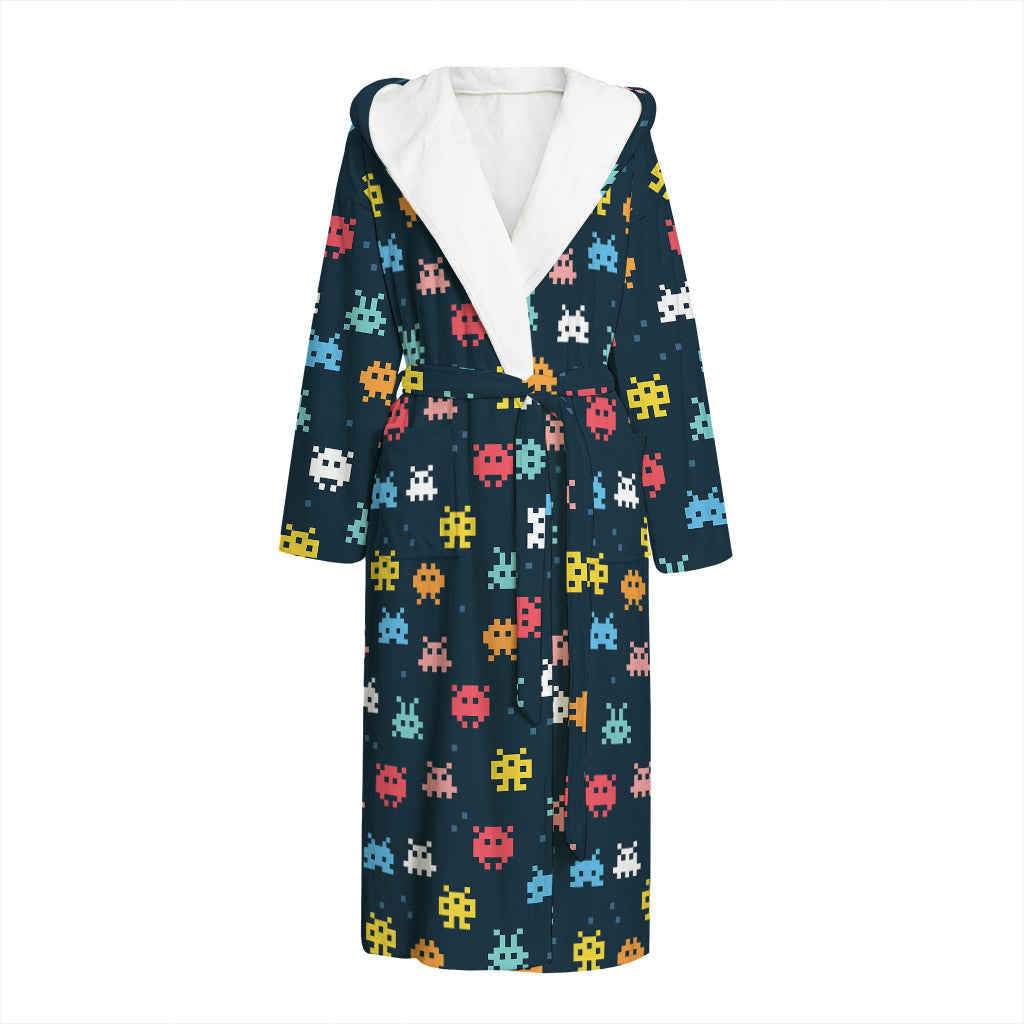 8-Bit Video Game Monsters Pattern Print Hooded Bathrobe