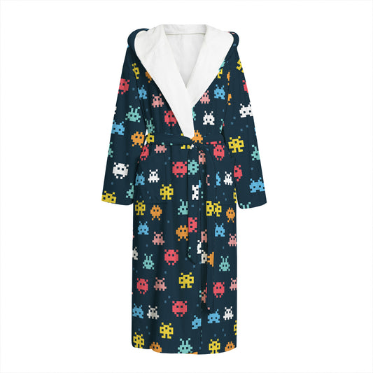 8-Bit Video Game Monsters Pattern Print Hooded Bathrobe