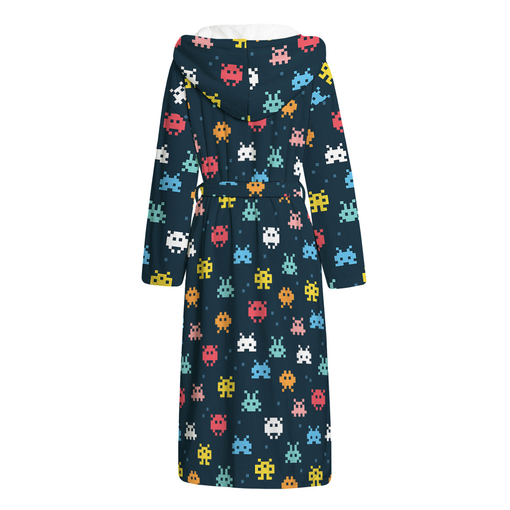 8-Bit Video Game Monsters Pattern Print Hooded Bathrobe