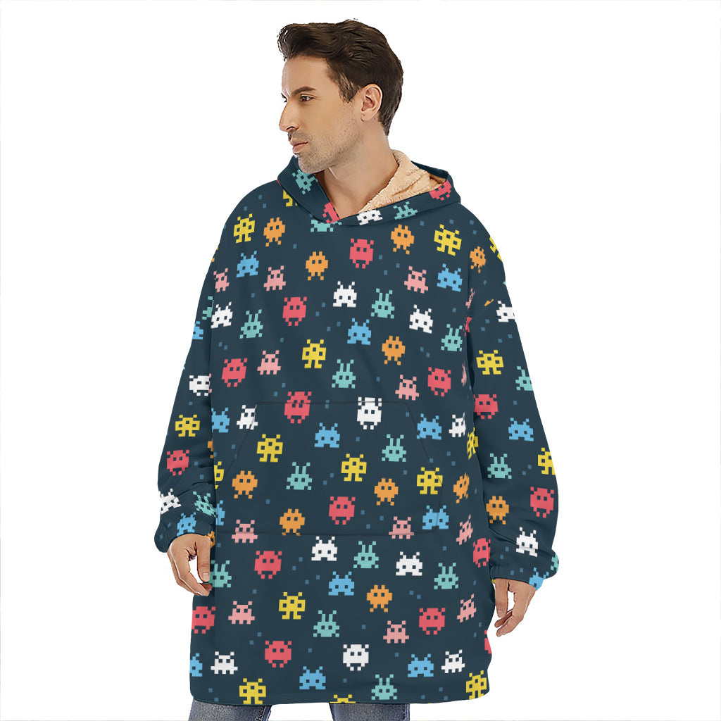 8-Bit Video Game Monsters Pattern Print Hoodie Blanket