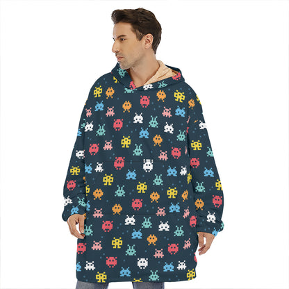 8-Bit Video Game Monsters Pattern Print Hoodie Blanket