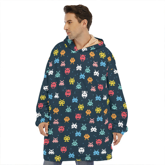8-Bit Video Game Monsters Pattern Print Hoodie Blanket