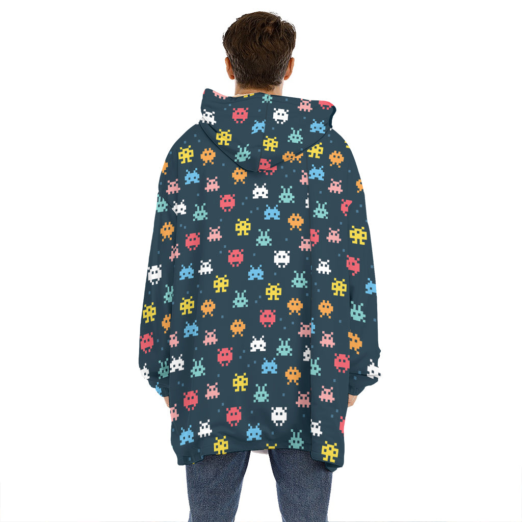 8-Bit Video Game Monsters Pattern Print Hoodie Blanket