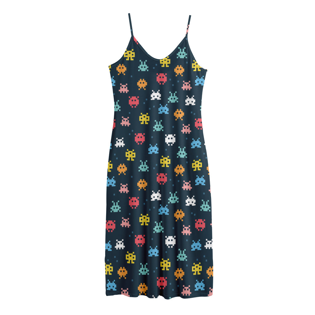 8-Bit Video Game Monsters Pattern Print Jersey Midi Cami Dress