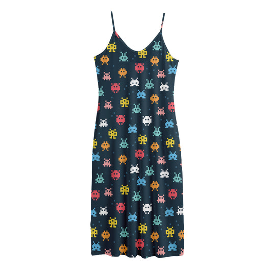 8-Bit Video Game Monsters Pattern Print Jersey Midi Cami Dress