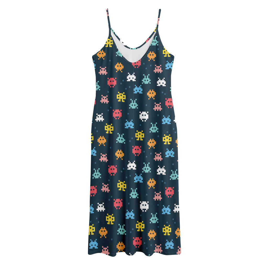 8-Bit Video Game Monsters Pattern Print Jersey Midi Cami Dress