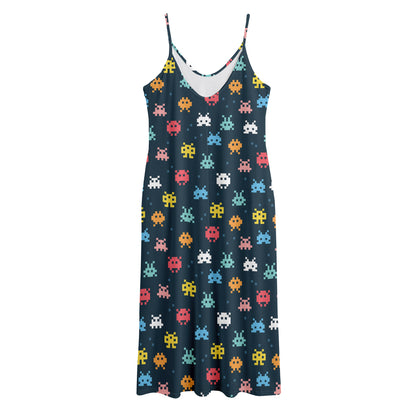 8-Bit Video Game Monsters Pattern Print Jersey Midi Cami Dress